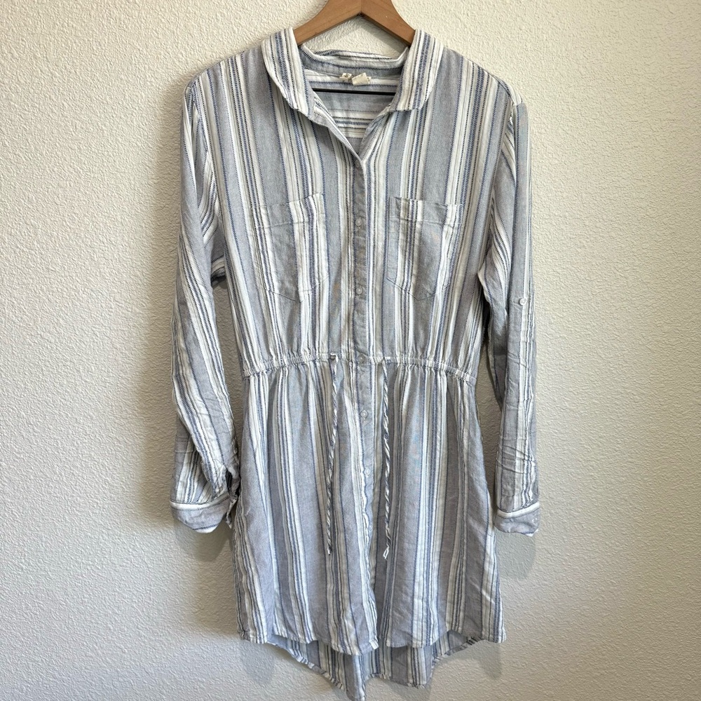 Japan Women's Large Button Down Dress Striped Cotton Blend Coastal Boho